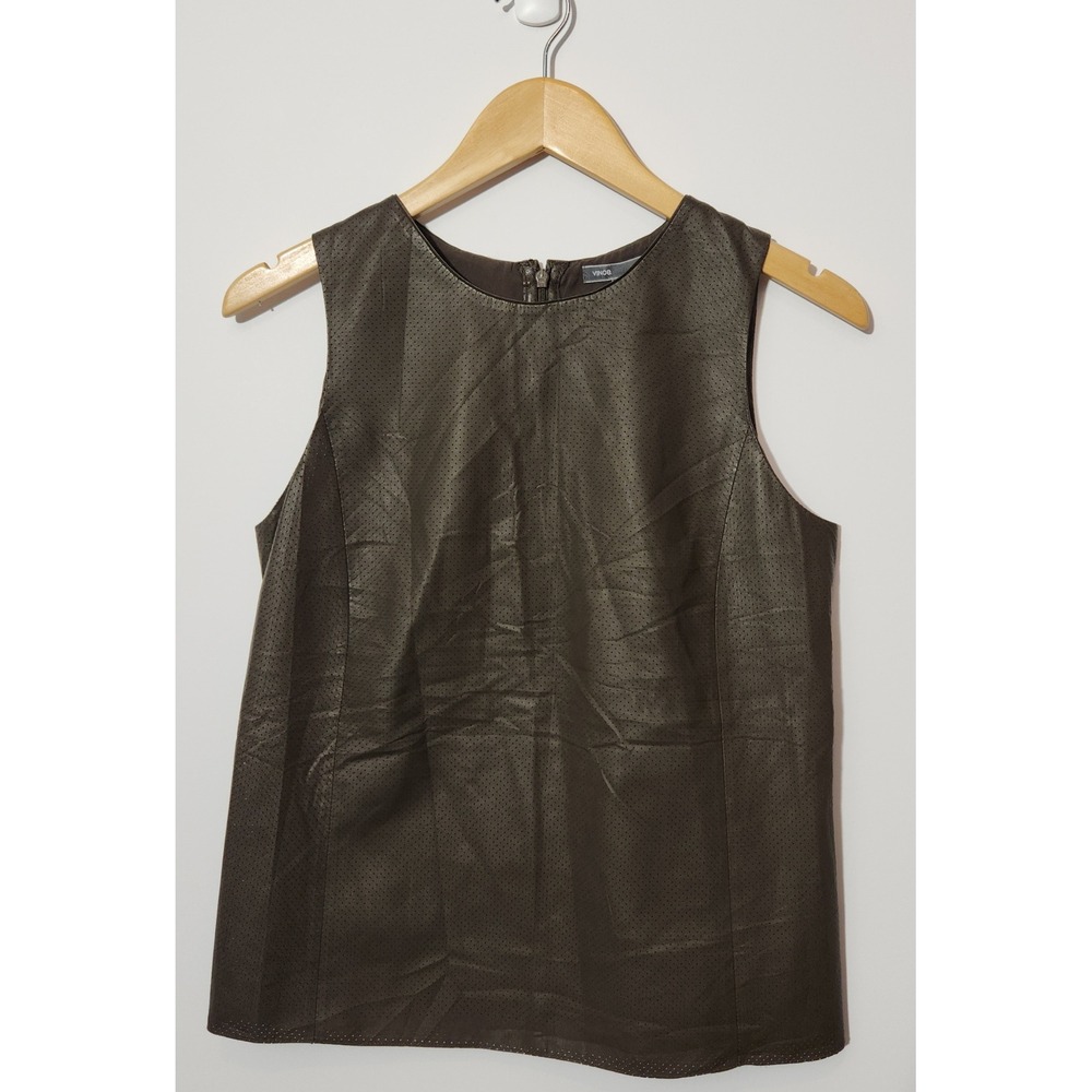 Vince Perforated Lambskin Leather Silk Shell Top Brown NWT Size 6 - Picture 2 of 8
